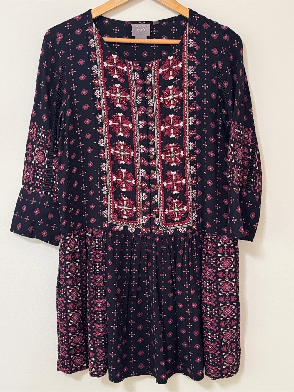 Embroidered Long-Sleeve Black Dress with Magenta Accents